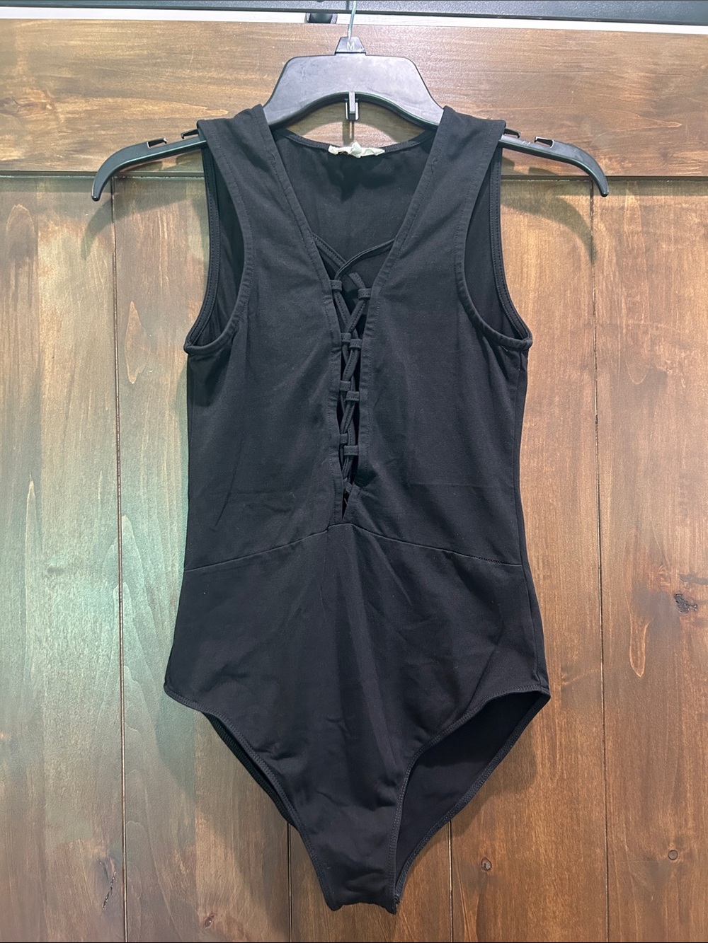 M113 Vestique Black Lace-Up Back One-Piece Bodysuit Size Small